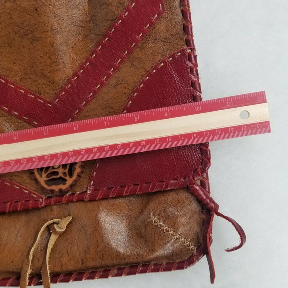 Ethnic Leather Boho Bag Brown & Burgundy 10"L x 10"W Crossbody Adjustable Strap - Picture 9 of 12